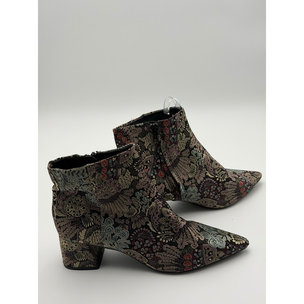 Women's 10 Floral Tapestry Ankle Boots Pointed Toe Brocade Block Boho Victorian